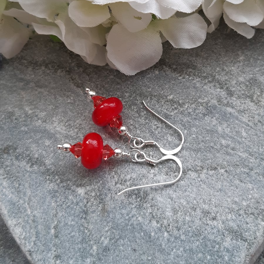 Sterling Silver Handmade Red Lampwork Glass and Crystal Earrings