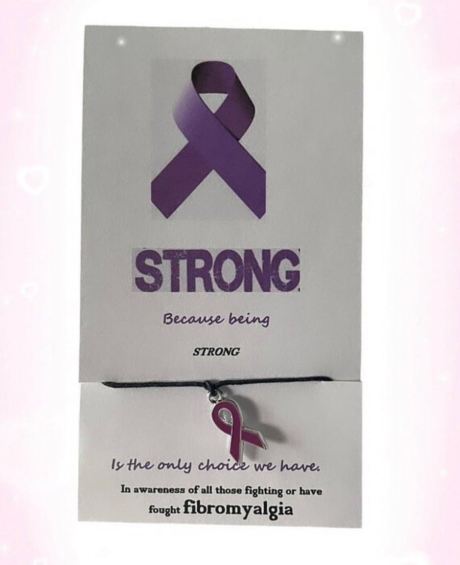 Fibromyalgia wish bracelet awareness and support purple ribbon charm corded 