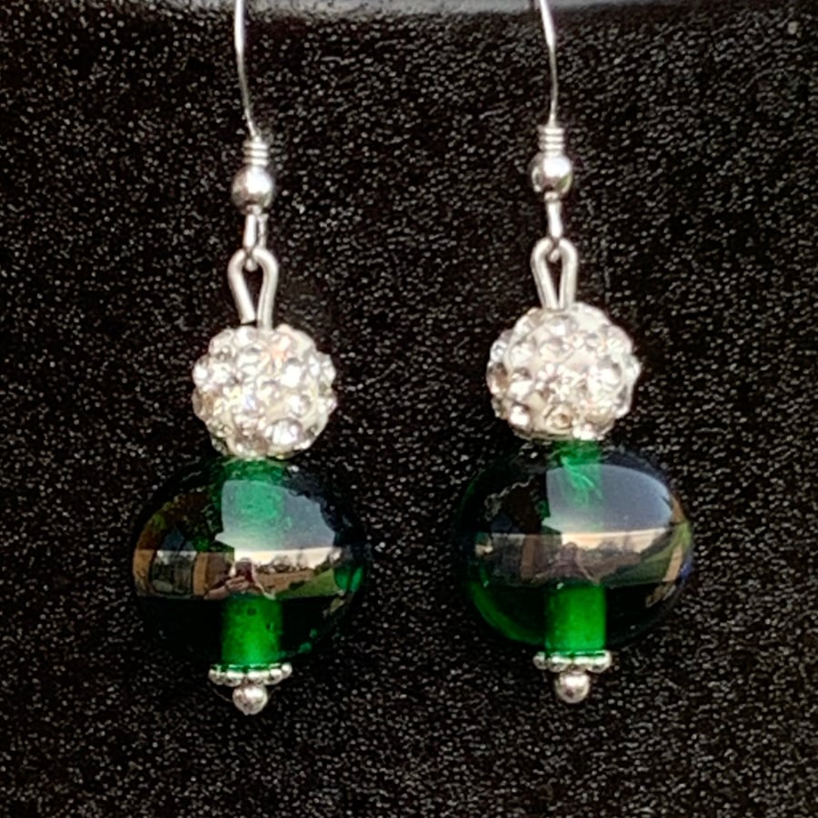 sterling silver - artisan lampwork glass & rhinestone - dangle earrings 