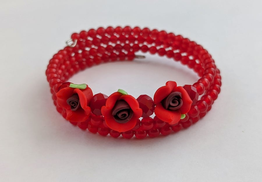 Red Fimo rose and jade beaded wrap bracelet - 2001457
