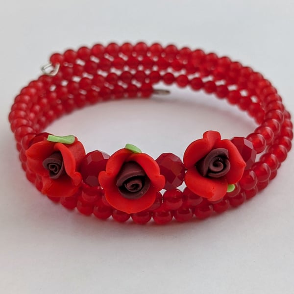 Red Fimo rose and jade beaded wrap bracelet - 2001457