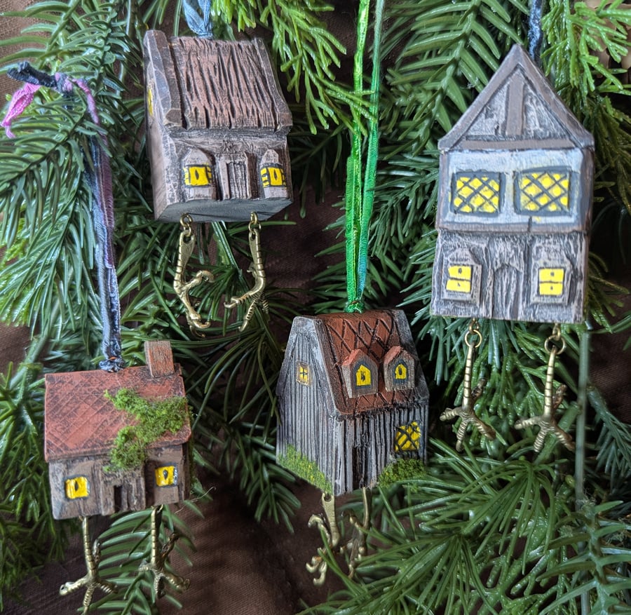 Baba Yaga's Chicken Leg Hut hand carved and painted decoration with dangly legs