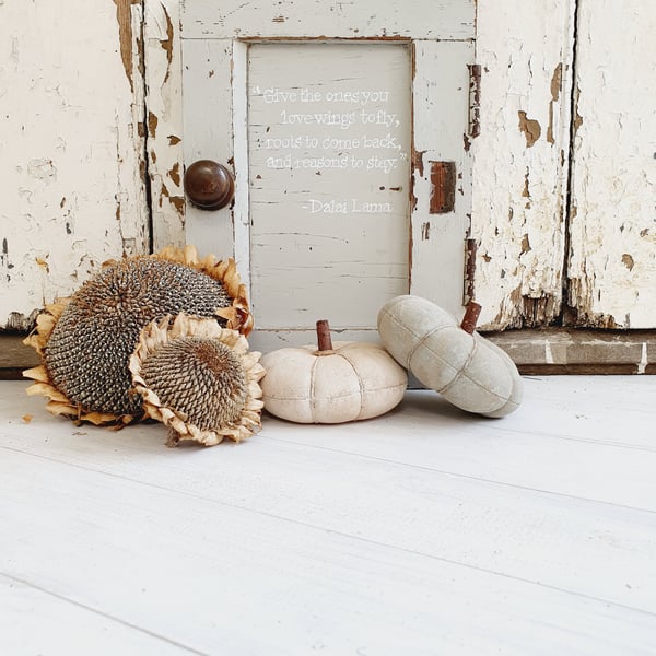 Two small blue and white primitive pumpkins 