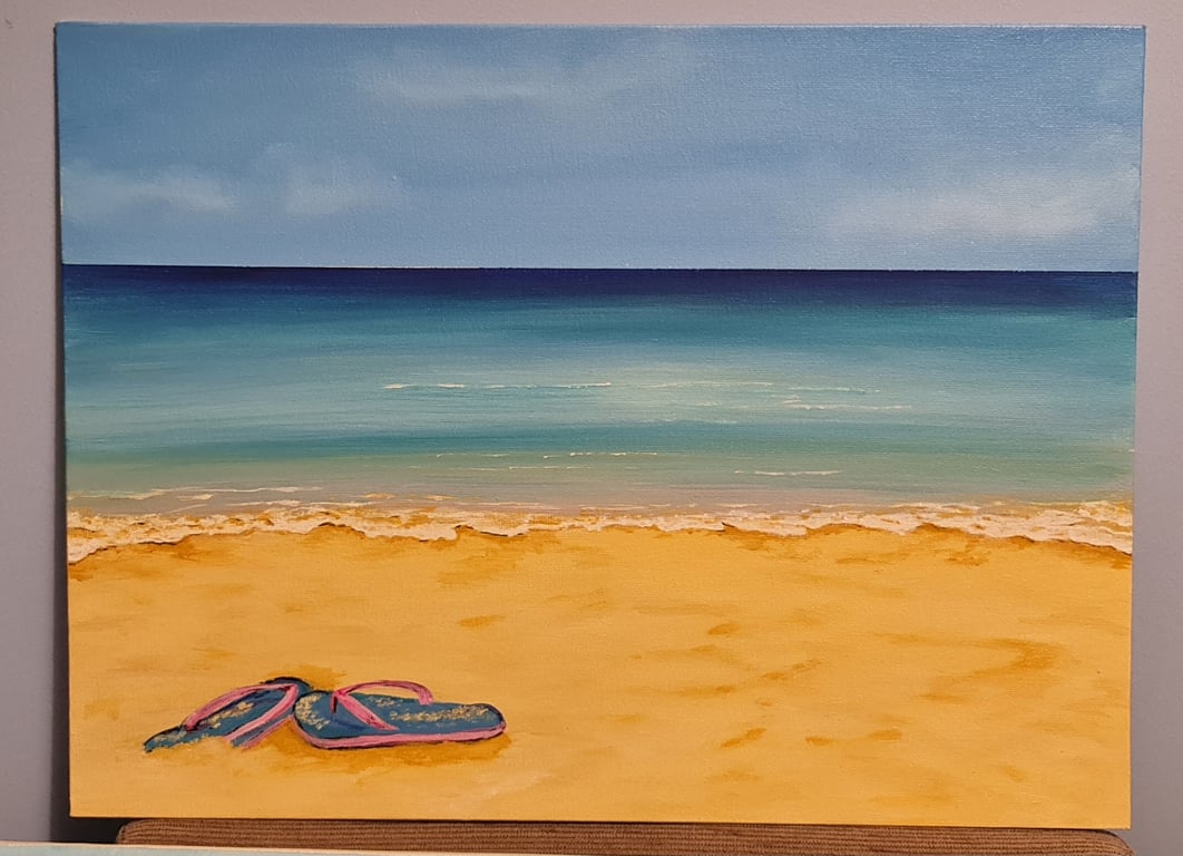 "Summer Vibes" original beach scene painted on a canvas panel 