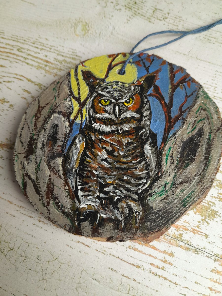 Hand Painted Forest Owl wooden slice