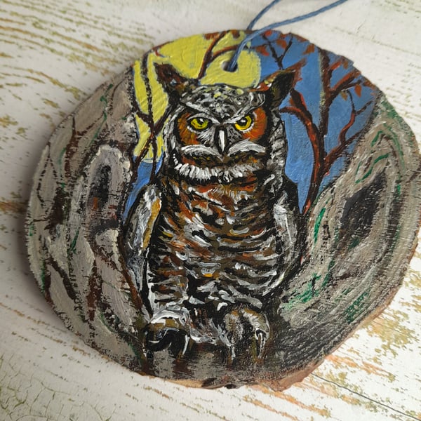 Hand Painted Forest Owl wooden slice