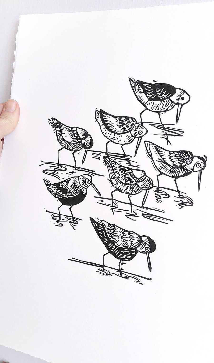 Seven Waders - bird lino cut print