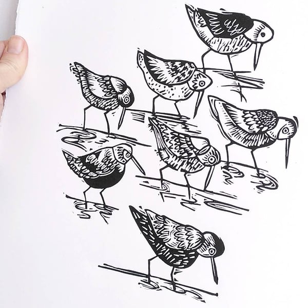 Seven Waders - bird lino cut print