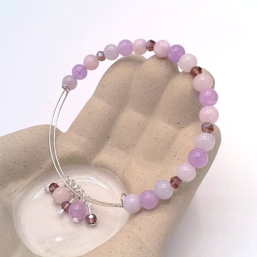 Silver Sliding Adjustable Bracelet with Morganite Beads & Crystals, Gift for Her
