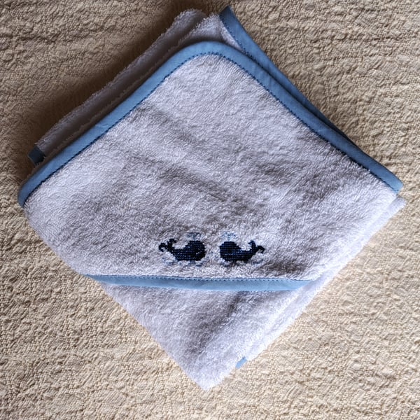 Whale, hooded baby towel, hand embroidered
