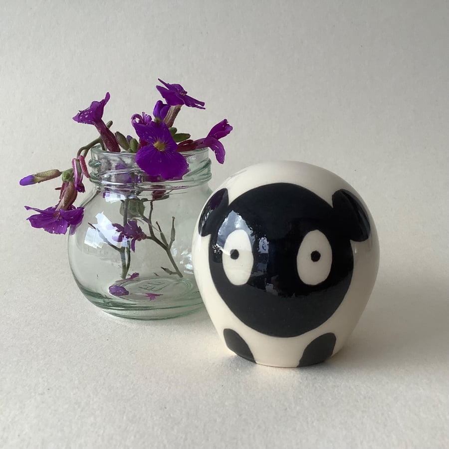 Medium Sized Wheel Thrown and Hand-Painted Ceramic Sheep (5.5cm x 5cm)