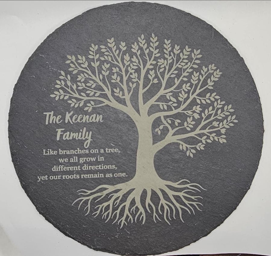 Image of Personalised Family Tree Slate Serving Platter 30cm, Engraved Family Name, Tree 