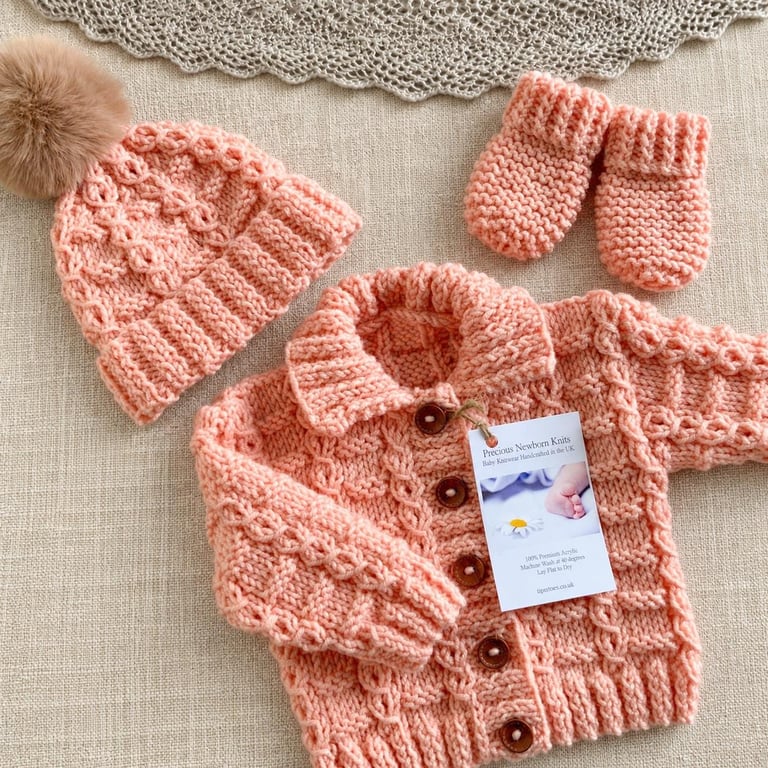 Hand Knitted Newborn Baby Coming Home Set –  Girls Peach Cardigan Hat & Mittens
