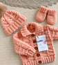 Hand Knitted Newborn Baby Coming Home Set –  Girls Peach Cardigan Hat & Mittens