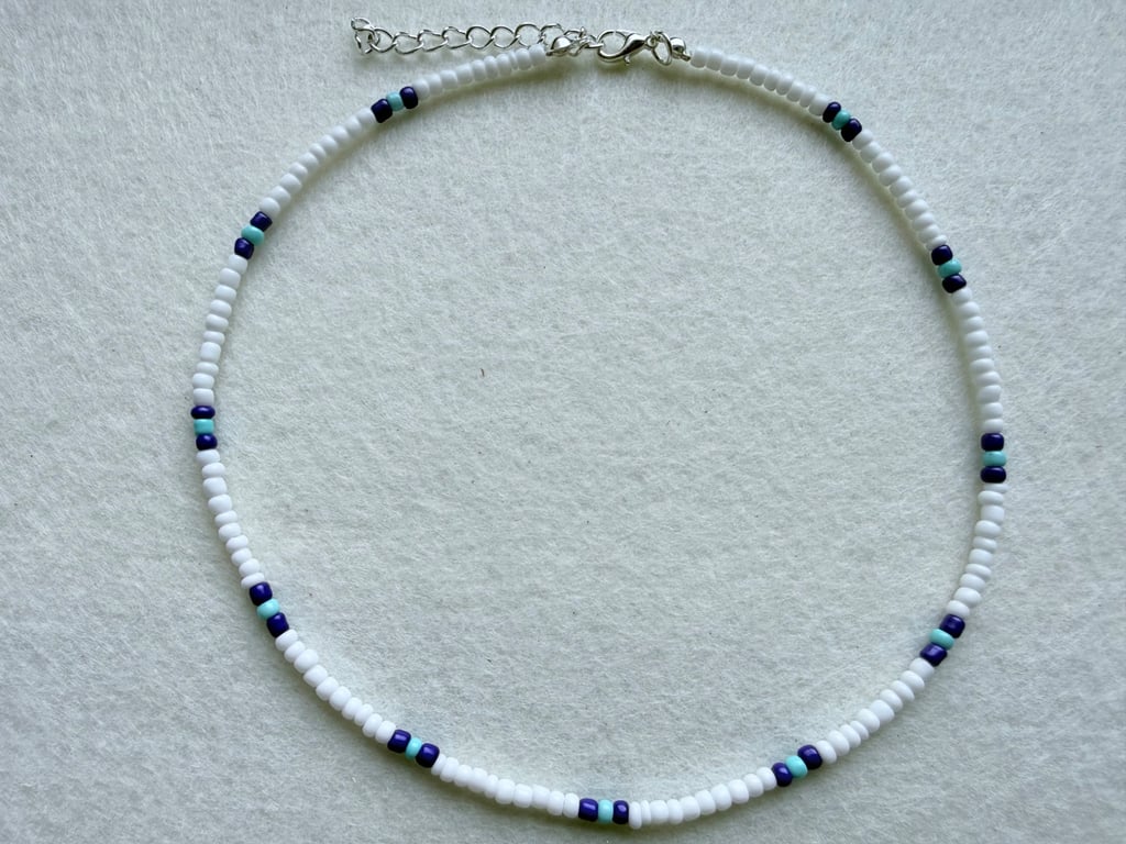 Lake Blue, White Seed Bead Choker Necklace, Y2K Beaded Jewelry, Minimalist Style