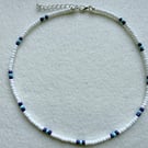Lake Blue, White Seed Bead Choker Necklace, Y2K Beaded Jewelry, Minimalist Style