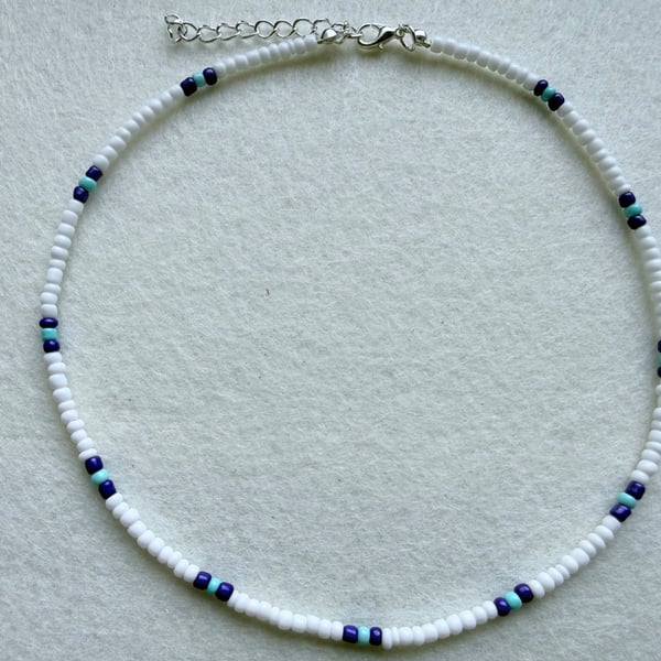 Lake Blue, White Seed Bead Choker Necklace, Y2K Beaded Jewelry, Minimalist Style