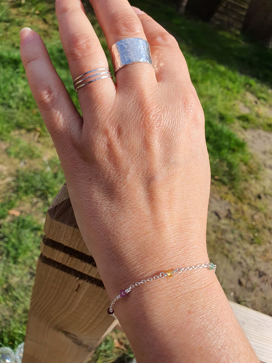 Mixed Gemstone Sterling Silver Bracelet, Ruby Sapphire and Emerald, Raw Gemstone