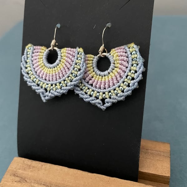 Earrings, boho macrame glass beaded hoop dangle fan shape woven earrings, yoga 