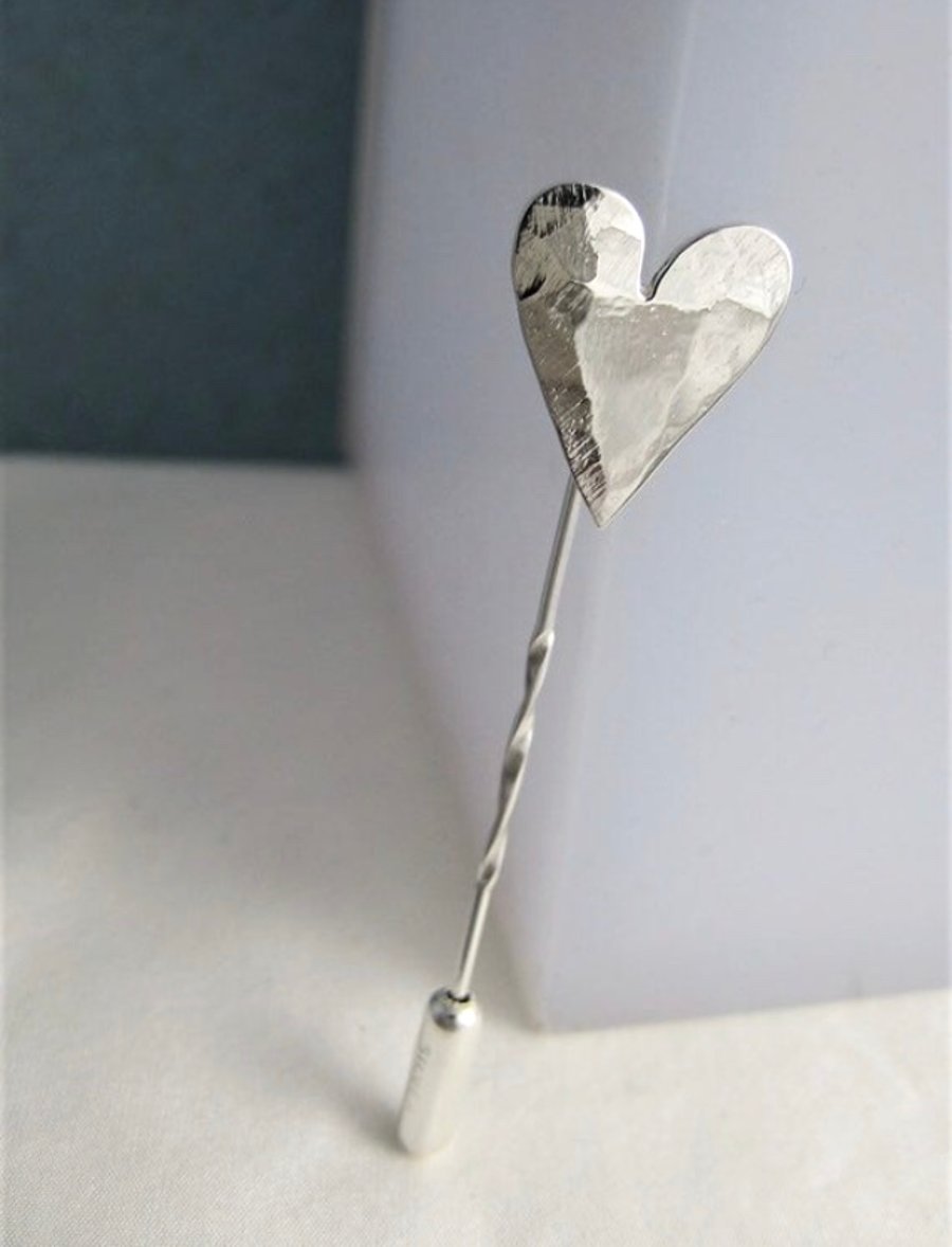 Sterling Silver Hammered Heart Tie & Lapel Stick Pin-Brooch
