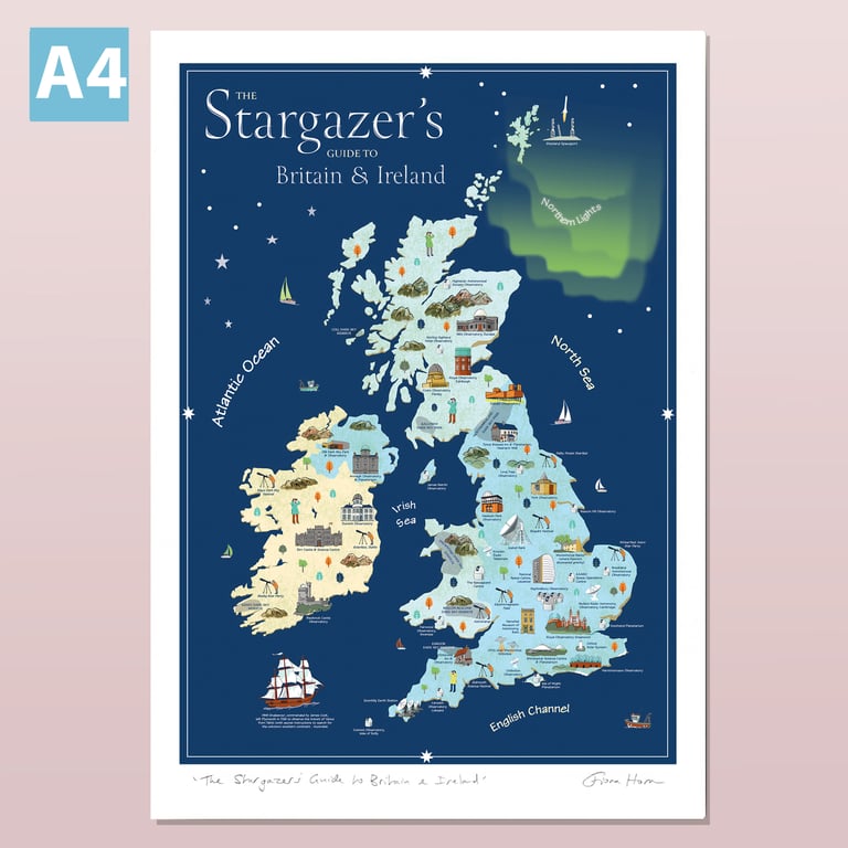 Astronomy map of Britain and Ireland, A4 illustrated poster print