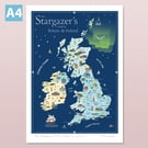 Astronomy map of Britain and Ireland, A4 illustrated poster print