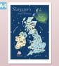 Astronomy map of Britain and Ireland, A4 illustrated poster print