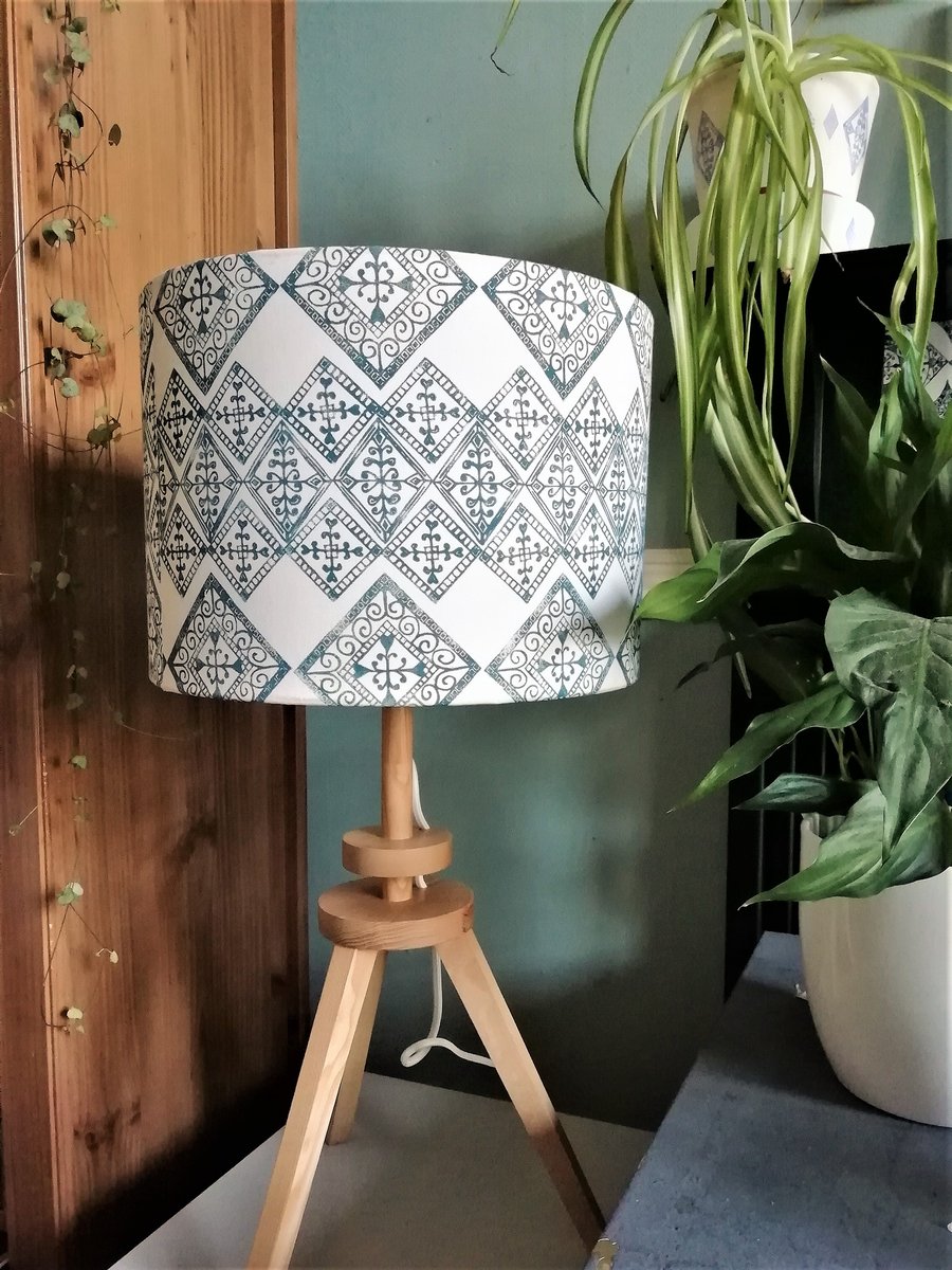 Blue Tile Pattern Hand Printed 30cm Drum Lampshade