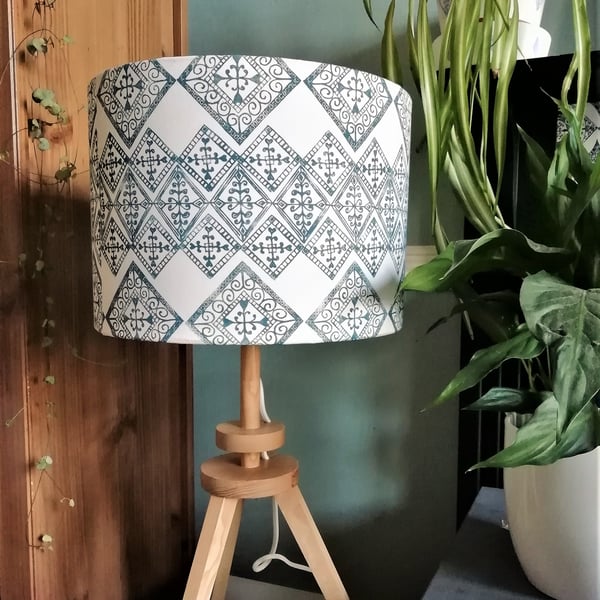 Blue Tile Pattern Hand Printed 30cm Drum Lampshade