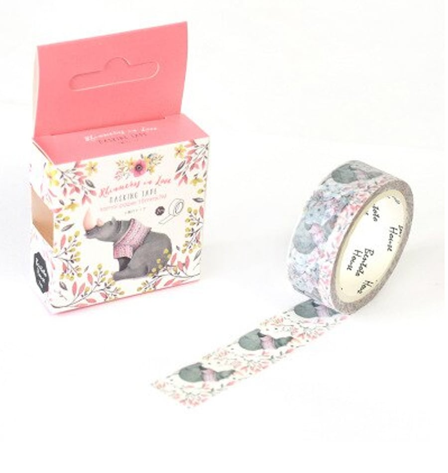 Rhino & flowers pattern, Decorative Washi Tape, Cards, Crafts, journals, 7m reel