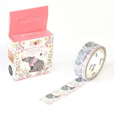 Rhino & flowers pattern, Decorative Washi Tape, Cards, Crafts, journals, 7m reel