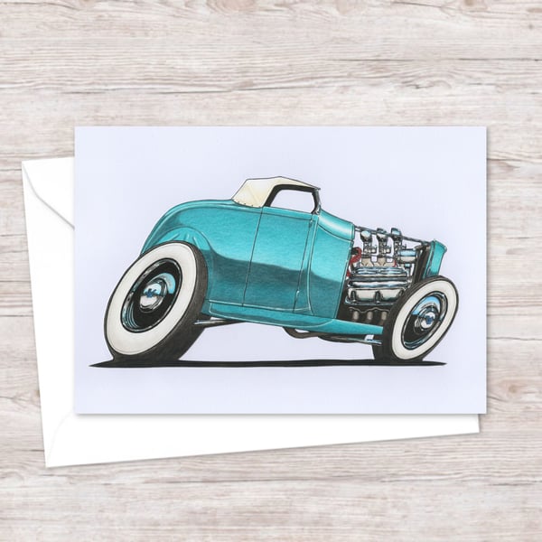 American Hot Rod Greeting Card: Hand Drawn Classic Car Illustration (408)