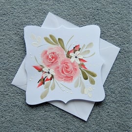 hand painted floral pink roses all occasion greetings card ( ref F 228 )