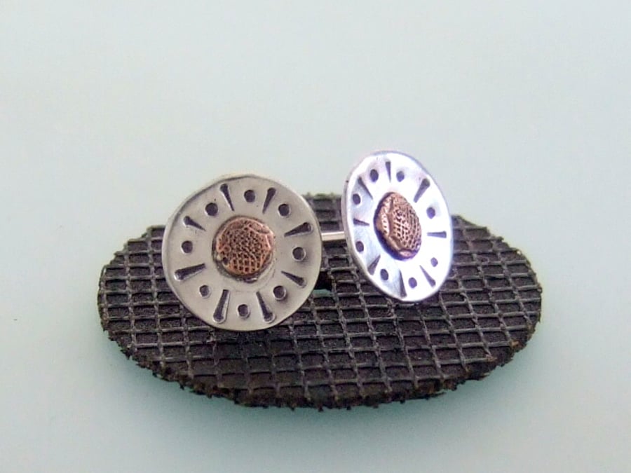 Silver & Copper sun stud earrings