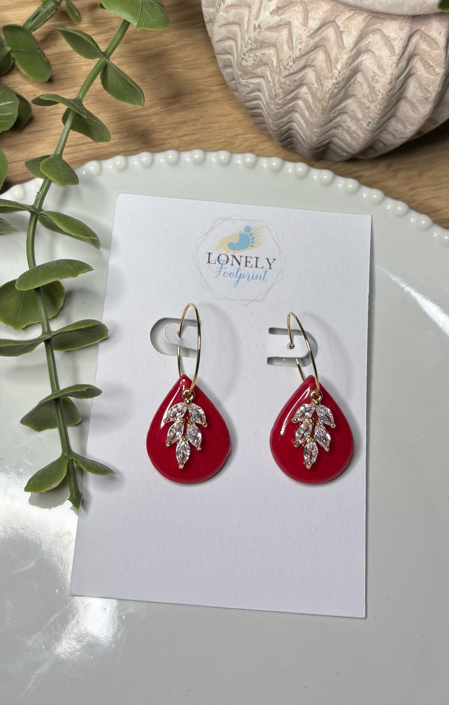 Red Teardrop and CZ Charm Polymer Clay Earrings - Handmade Jewellery 