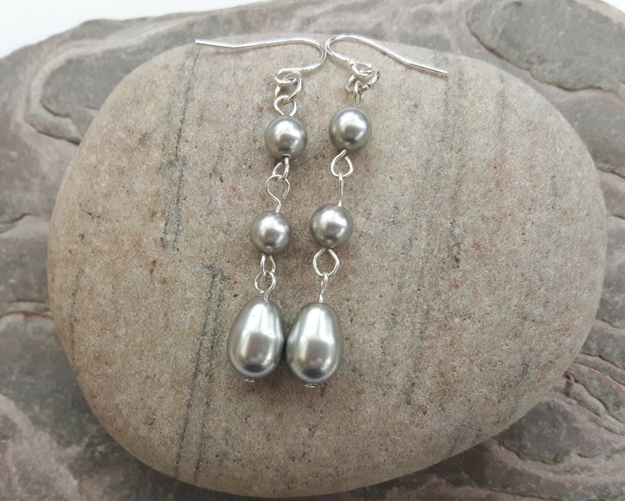 Pearl drop earrings, Sterling silver and Swarovski pearl, silver grey