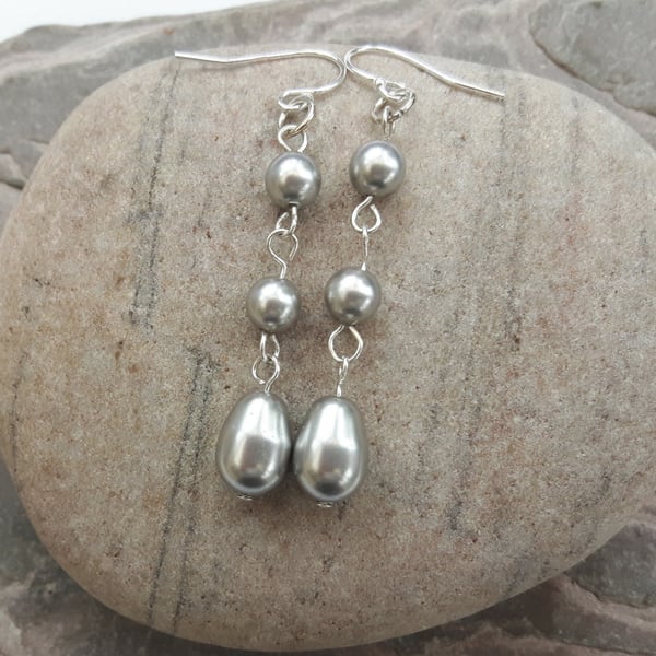 Pearl drop earrings, Sterling silver and Swarovski pearl, silver grey