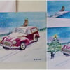  3 pack Moggy Christmas card, Morris Moggy Minor car and cats