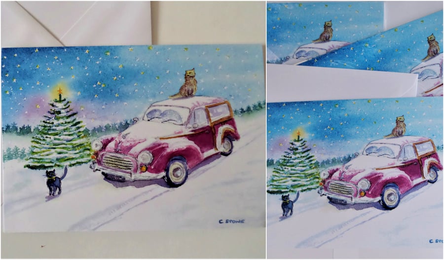  3 pack Moggy Christmas card, Morris Moggy Minor car and cats