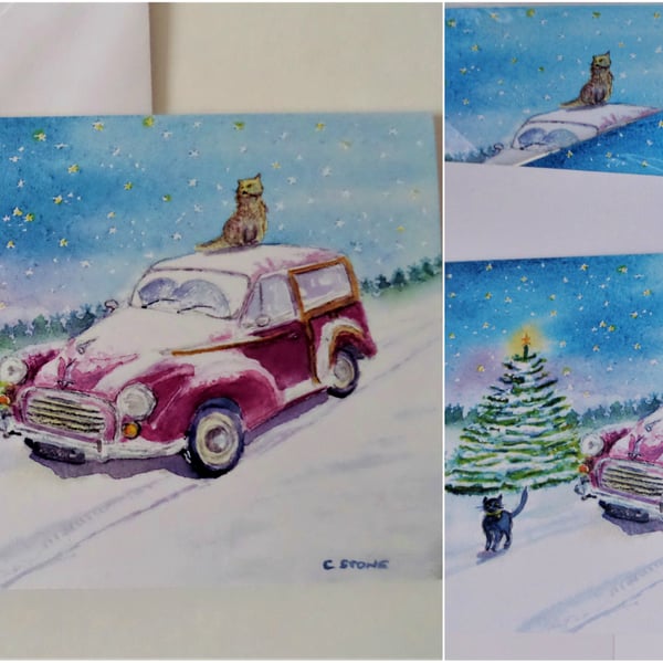  3 pack Moggy Christmas card, Morris Moggy Minor car and cats