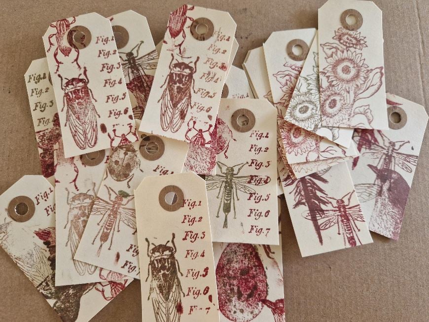 20 Hand stamped Insect Entomology Bird and Naturalist Manila tags for crafting, 