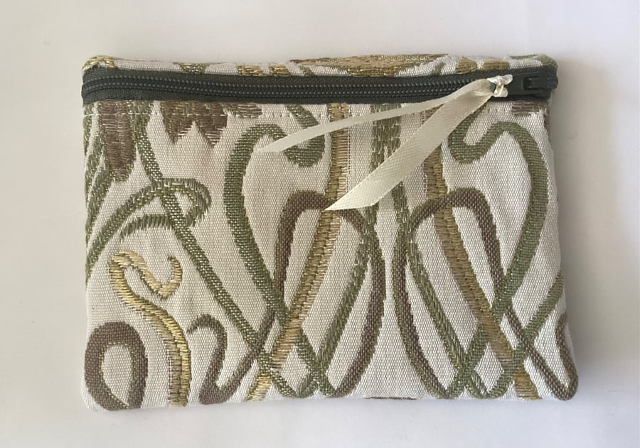 Purse, green, brown, zipped for coins, notes and cards, make up
