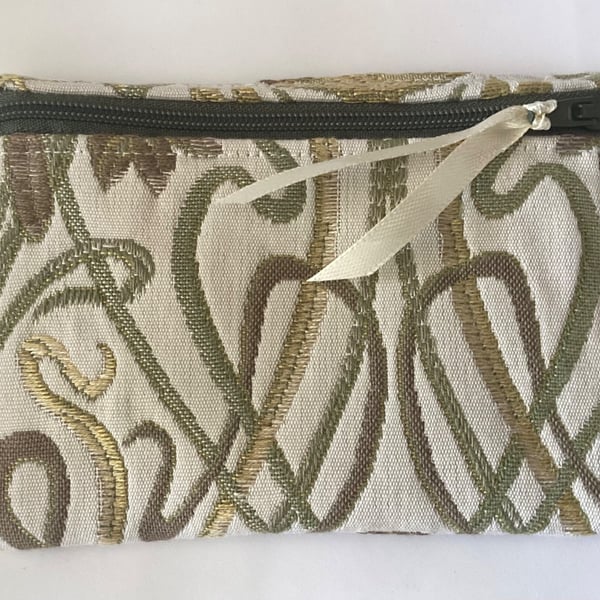 Purse, green, brown, zipped for coins, notes and cards, make up