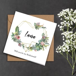 PERSONALISED green CACTUS, heart frame, blush flowers Bridesmaid invitation card