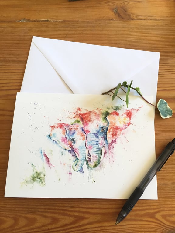 Mum and Baby Elephant Card, A5 blank greeting card with a watercolour design