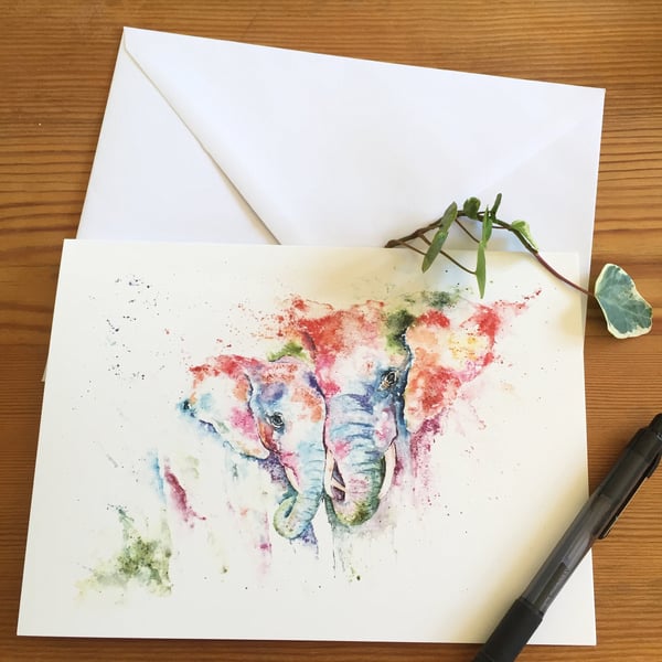 Mum and Baby Elephant Card, Elephant Greetings Card, Wildlife Art, Note Card, Ar