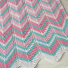 Pink white and turquoise, hand knitted baby blanket.