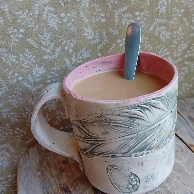Birds feather coffee mug handpainted ceramic pottery cup, black white and pink