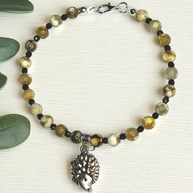Hedgehog Charm Beaded Gemstone Bracelet