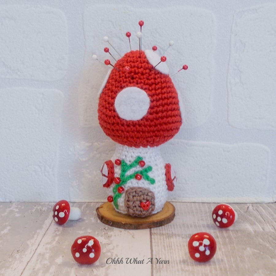 Crochet red toadstool fairy house ornament, decoration, pincushion